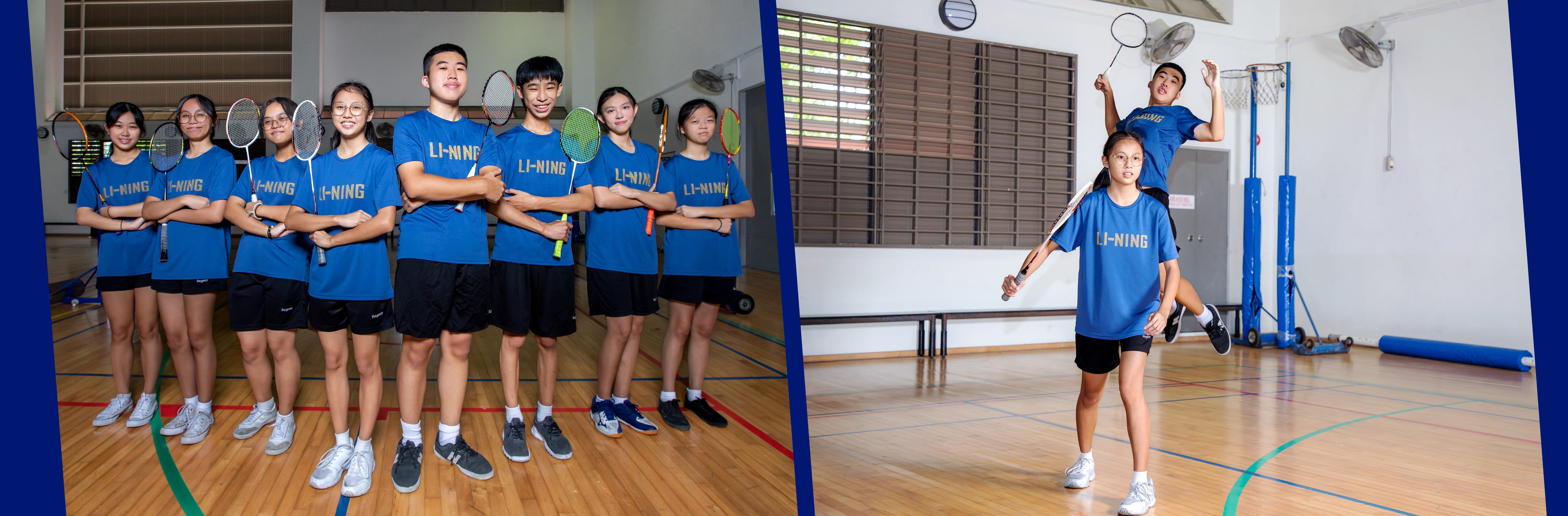 A youth badminton team in blue Li-Ning jerseys poses with rackets, while two players demonstrate action shots indoors.